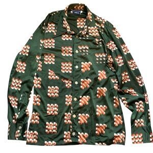 Vintage 70s Givenchy for Chesa Disco Blouse Green Geometric Nylon Sz L